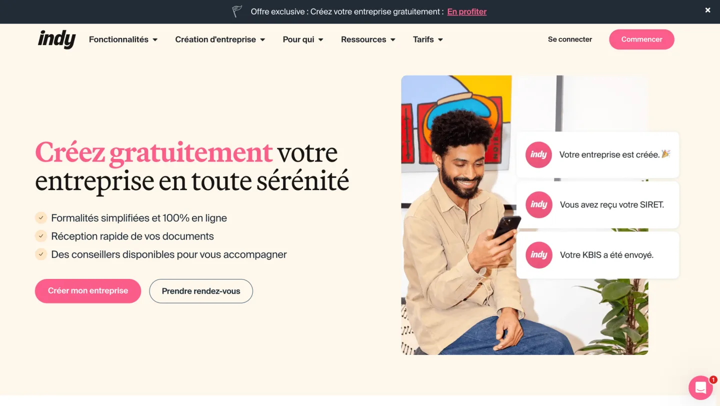 Parcours Indy pour créer gratuitement son entreprise en ligne