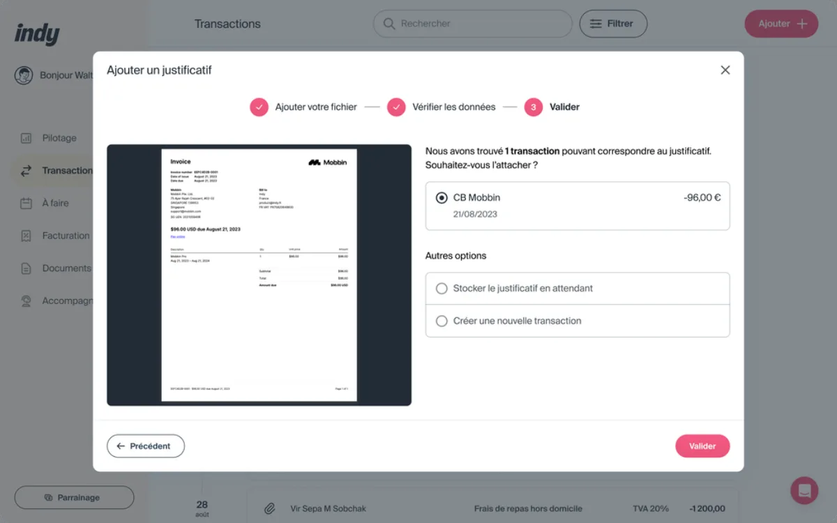 Ajout et classement d’un justificatif dans l’interface Indy